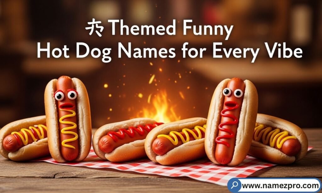 Themed Funny Hot Dog Names list including gaming inspired, sports inspired, seasonal, foodie fusion, and creative hot dog name ideas for 2026