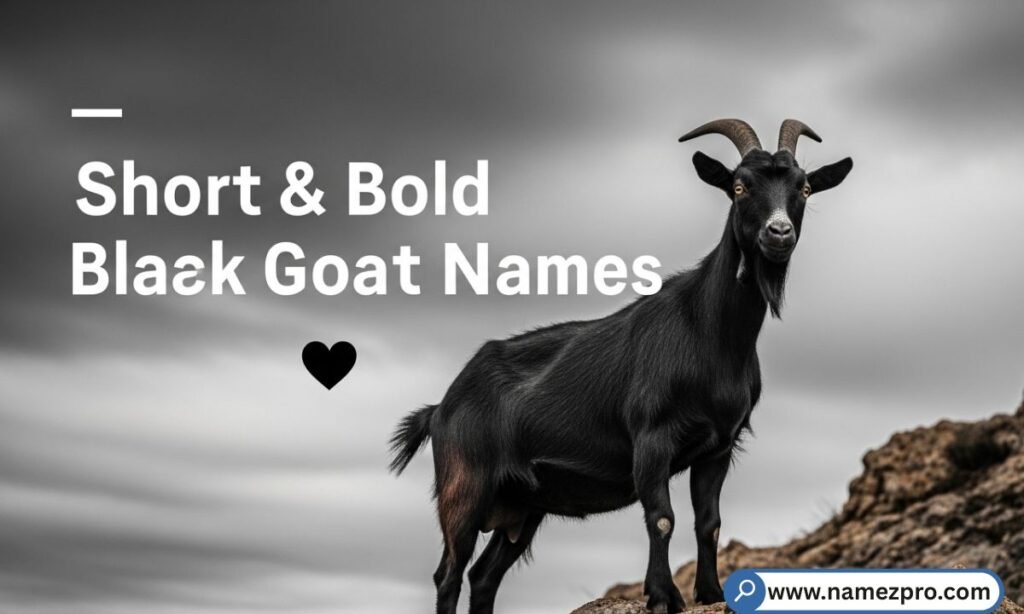 Black goat names list with sleek dark-coated goat on farm, short and bold funny goat name ideas 2026