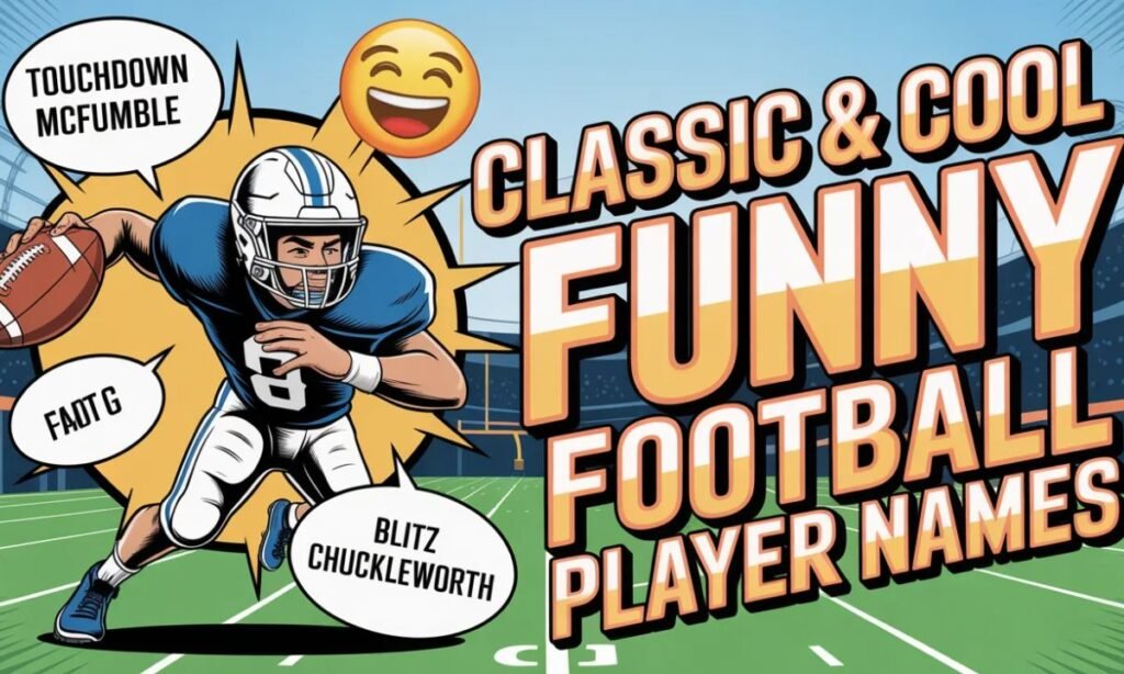 classic funny college football player names graphic with humorous text and emojis