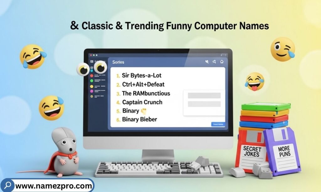 Classic and trending funny computer names displayed on a colorful computer screen with playful icons and modern tech elements