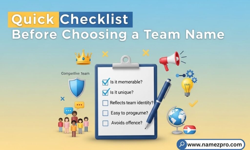 Quick checklist for choosing a Rocket League team name – tips for selecting funny gaming team names, esports squad branding guide
