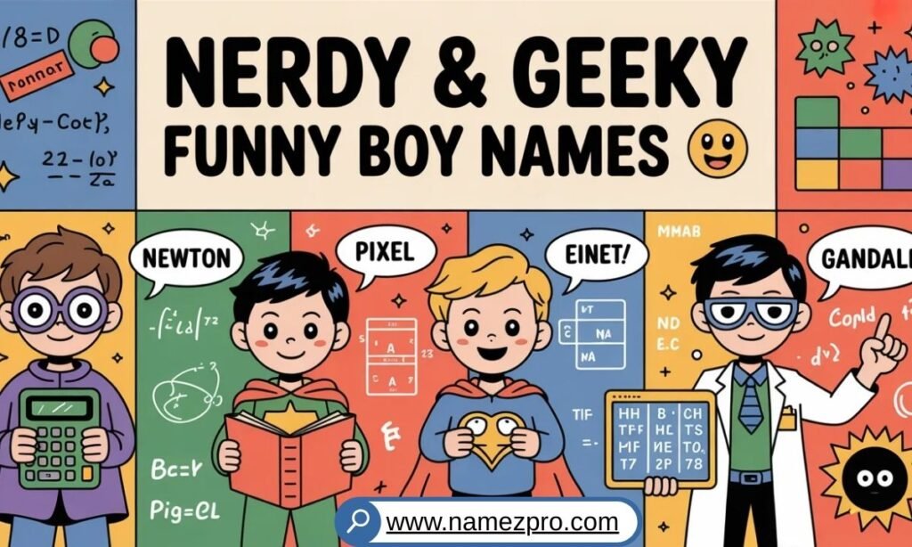 nerdy and geeky funny boy names list featuring tech, science, hacker, meme, and smart boy name ideas