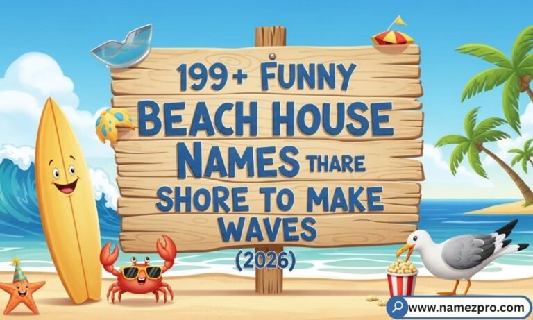 "Funny beach house names on a driftwood sign at a sunny coastal vacation rental in 2026"