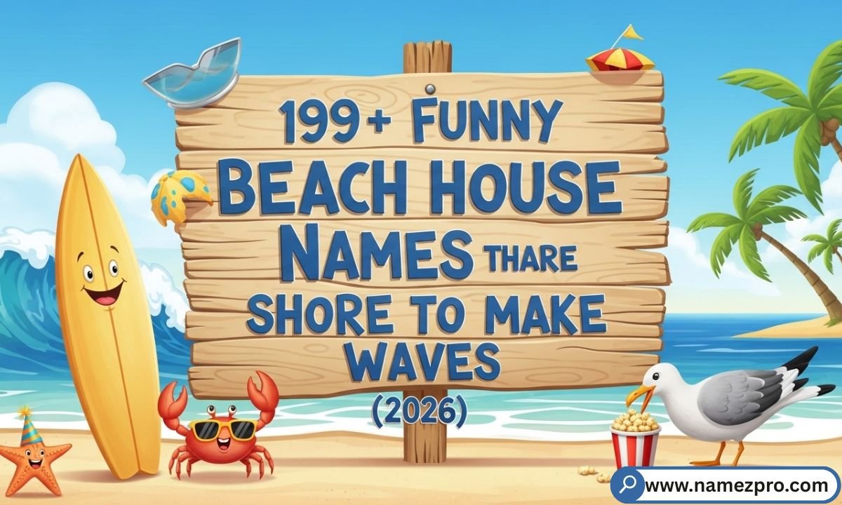 "Funny beach house names on a driftwood sign at a sunny coastal vacation rental in 2026"