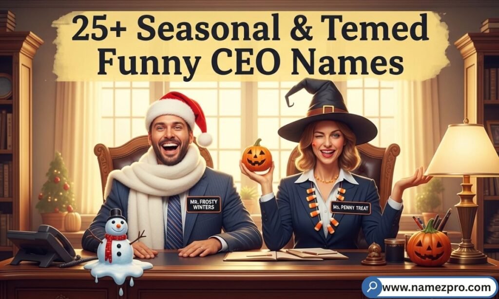 "25+ seasonal CEO names 2026 — funny holiday executive titles for Halloween, Christmas & sports season humor"
