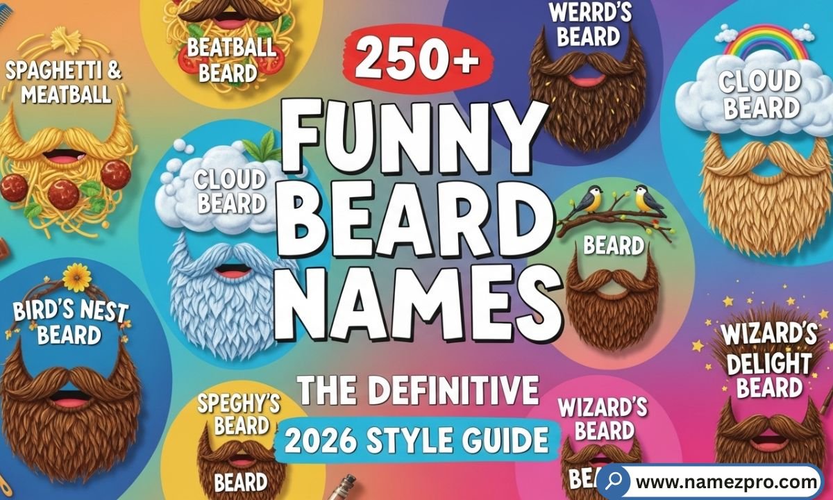 Funny Beard Names visual guide showing diverse beards, styles, and playful nicknames for men and women.