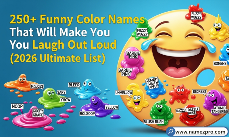 Bright, playful palette of funny color names like unicorn fart pink and grandma’s couch beige