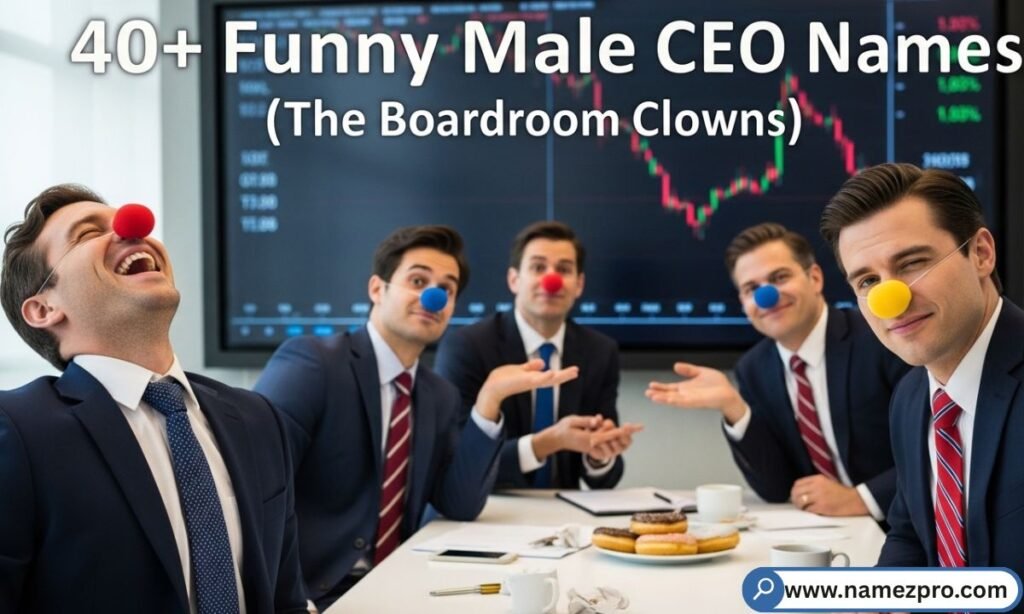 "40+ funny male CEO names 2026 — hilarious boardroom clown titles for parody skits, gaming & office humor"
