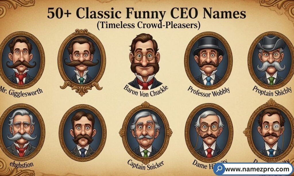 "50+ classic funny CEO names list — timeless crowd-pleasing executive pun names and parody boss titles 2026"
