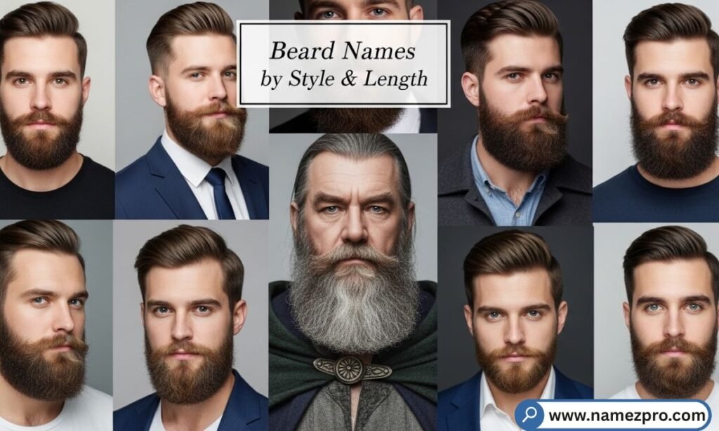 Beard Names by Style & Length showing stubble, medium, and long beards with creative and funny nicknames.