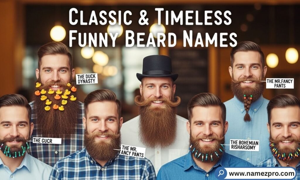 Classic & Timeless Funny Beard Names showcasing iconic beard styles and witty nicknames for every personality.
