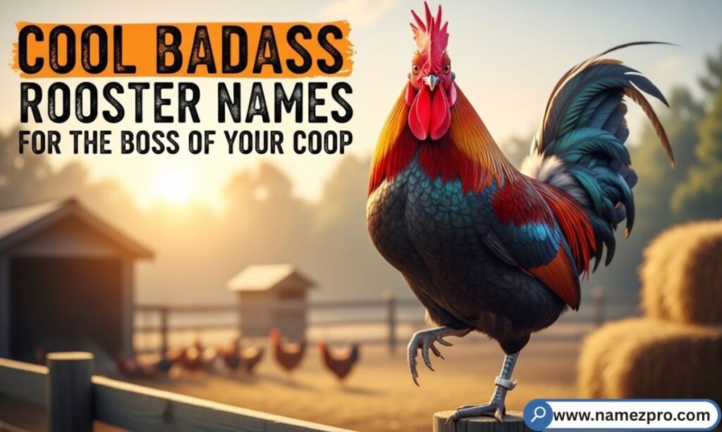 "A dominant rooster standing tall in a farm coop — ideal image for cool badass rooster names for the boss of your coop"
