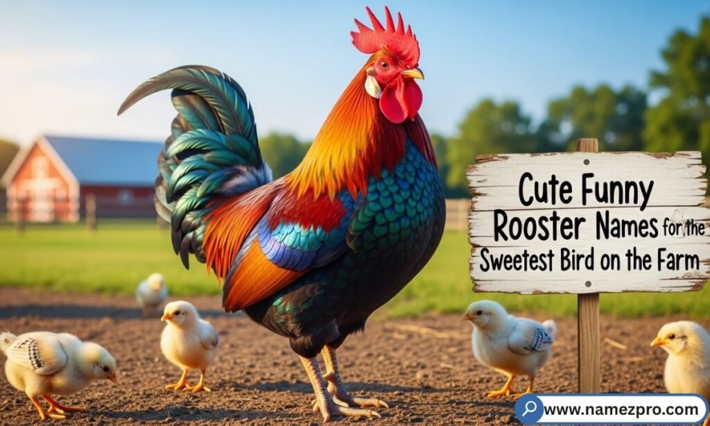 "An adorable fluffy rooster on a sunny farm — perfect image for cute funny rooster names for the sweetest bird on the farm"