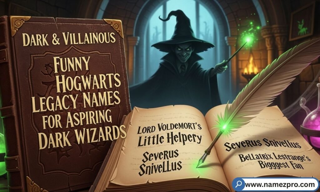 Shadowy dark wizard character in dramatic robes holding a glowing wand with a villainous name tag