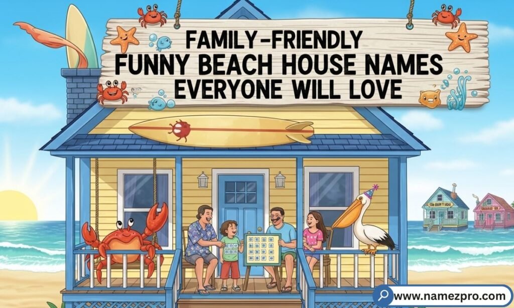 A happy multigenerational family laughing outside a colorful coastal vacation rental on a sunny beach day in 2026
