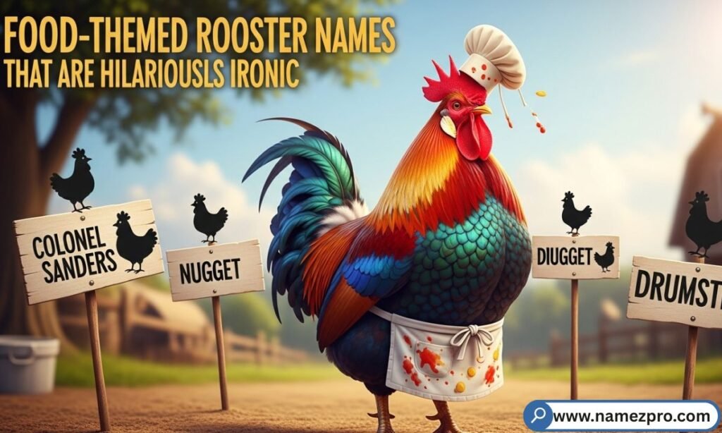 "A plump rooster standing next to farm food buckets — perfect image for food-themed rooster names that are hilariously ironic"
