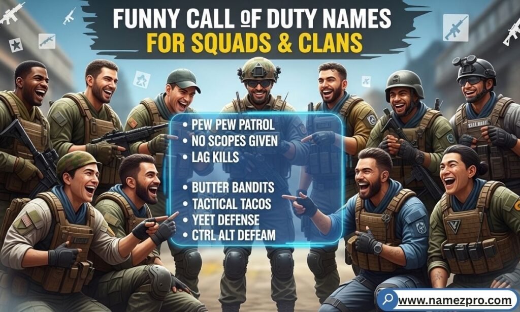 Funny Call of Duty names for squads and clans graphic showing clever gamer tags for multiplayer teams.