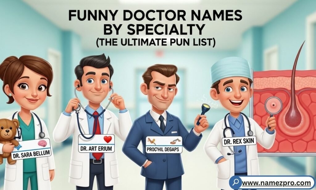 Funny doctor names by specialty featuring punny medical monikers like Dr. Fang for dentists and Dr. Bonebrake for orthopedic surgeons
