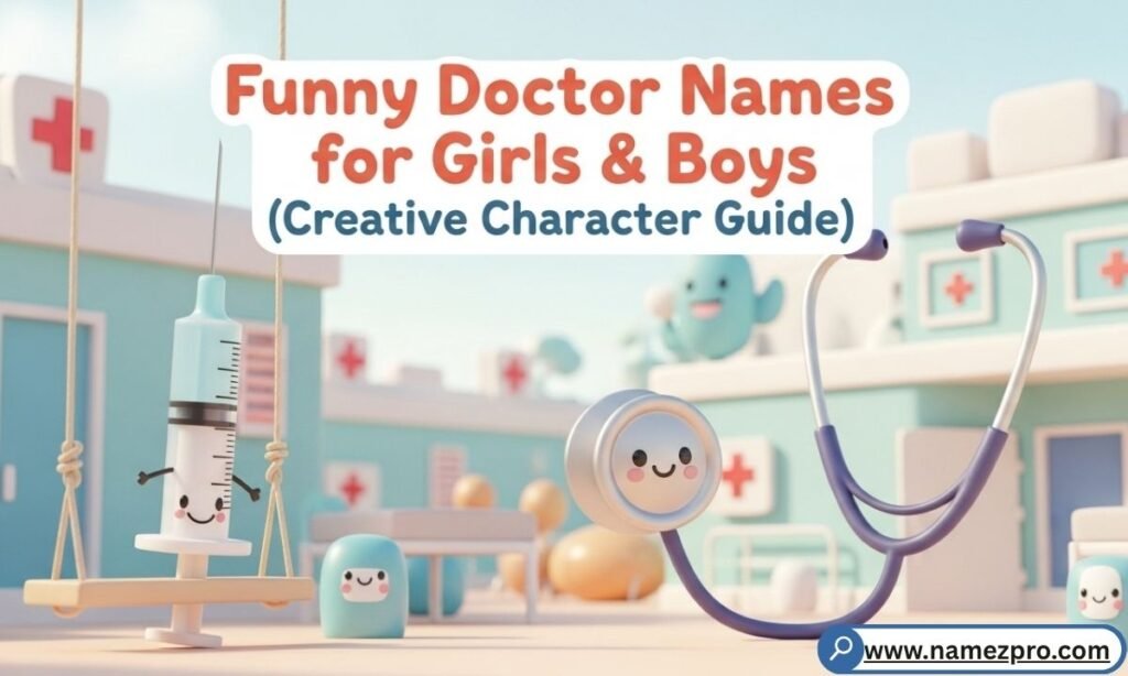 Funny doctor names for girls and boys featuring creative character names like Dr. Sassy Scrubs and Dr. Bandage Bro
