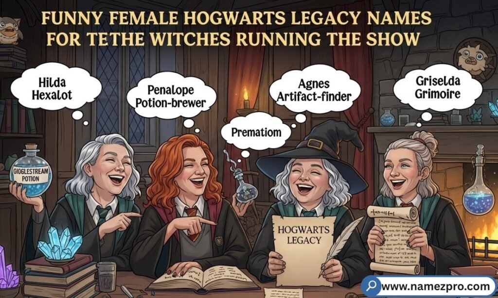 Female wizard character in Hogwarts robes holding a name tag with a whimsical witchy title