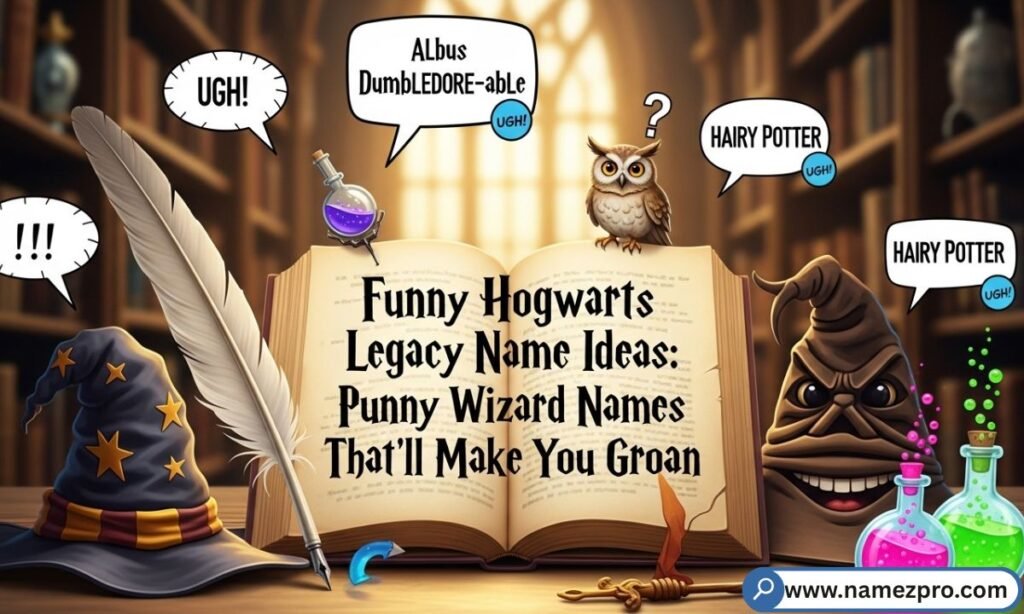 Witch and wizard laughing over a spellbook filled with pun-based name suggestions