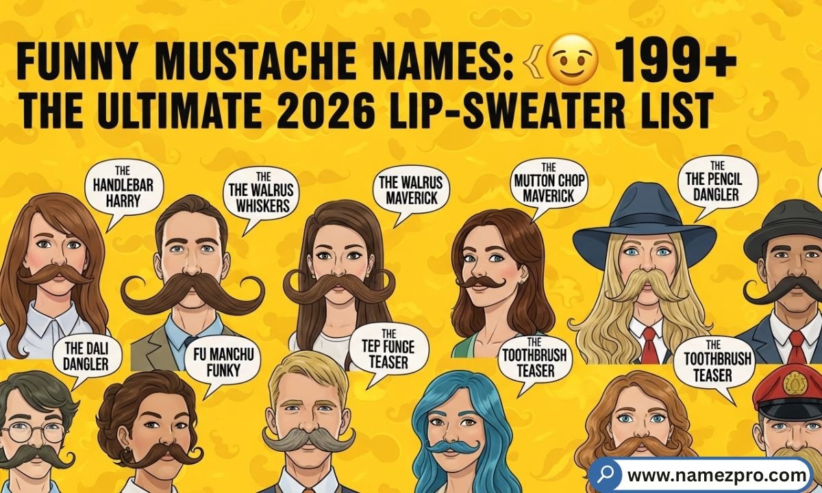 A diverse collection of men showcasing funny mustache names like the chevron and handlebar styles for a 2026 grooming list.