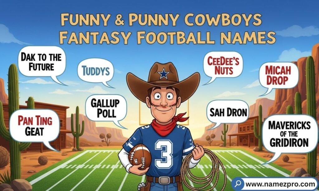 Funny and punny Dallas Cowboys fantasy football names list 2026 — Dak Prescott and CeeDee Lamb puns for your league.