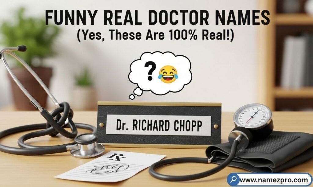 Funny real doctor names including verified aptronyms like Dr. Payne and Dr. Stabb from real US medical directories
