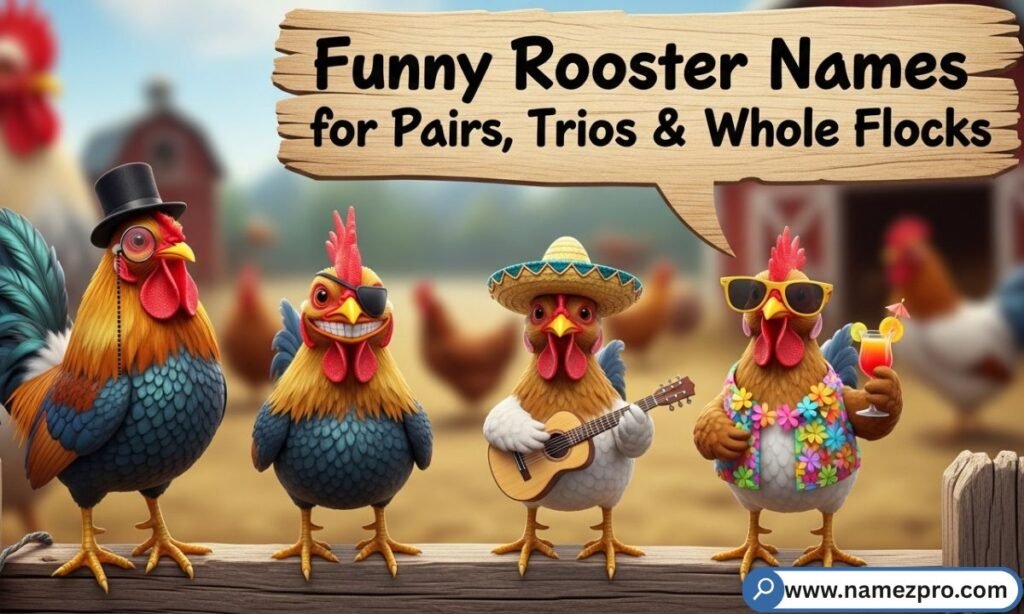 "A group of colorful roosters together on a farm — perfect image for funny rooster names for pairs trios and whole flocks"
