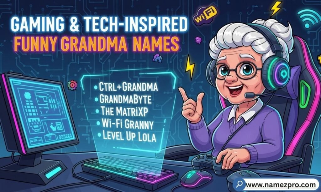 Gaming and tech-inspired funny grandma names – quirky, modern nicknames for grandmas who love games and gadgets.