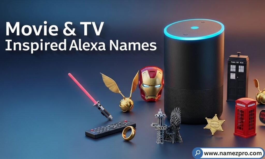 Movie and TV-inspired Alexa Names with smart speaker and film icons