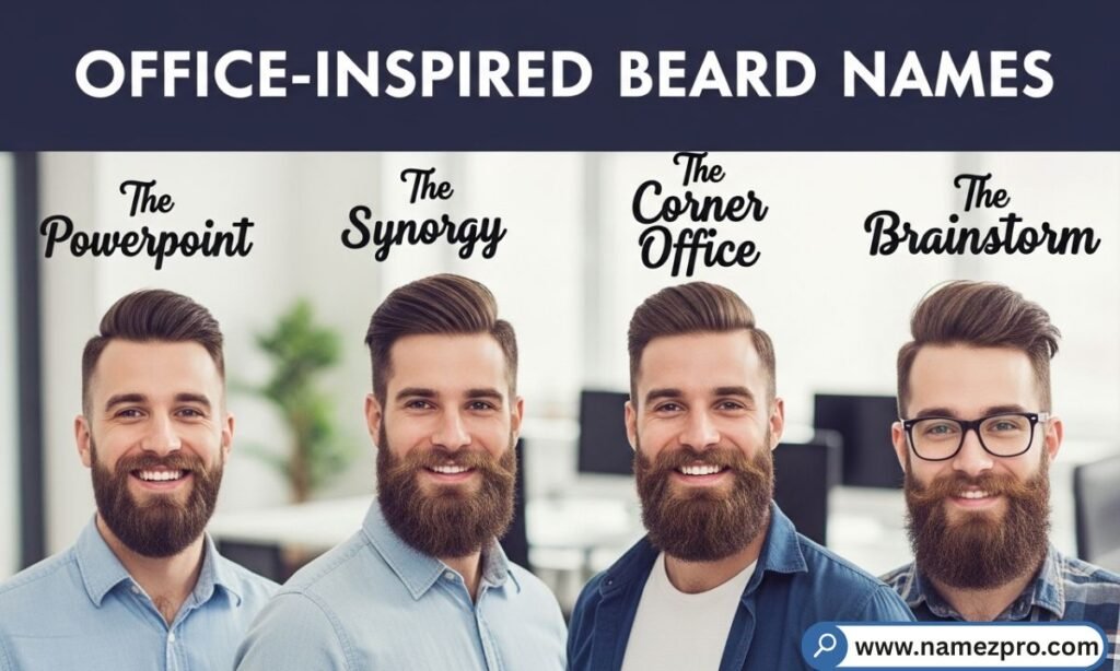 Office-Inspired Beard Names featuring humorous, professional, and clever nicknames for workplace-friendly facial hair.