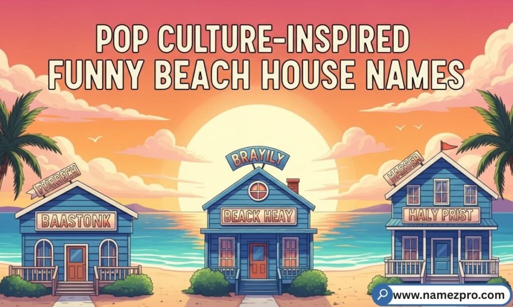 "Pop culture-inspired funny beach house names on a vibrant coastal vacation rental sign featuring movie and TV references in 2026"

