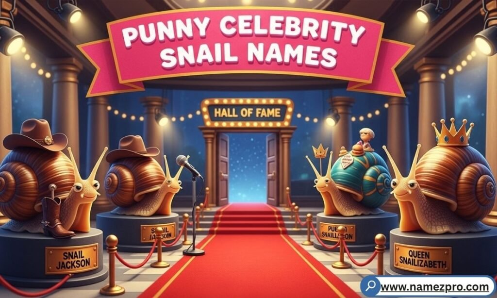 Punny celebrity snail names list with funny snail characters inspired by famous stars and clever name puns