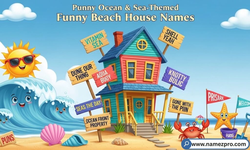 "Punny ocean and sea-themed funny beach house names on a coastal sign beside blue waves in 2026"

