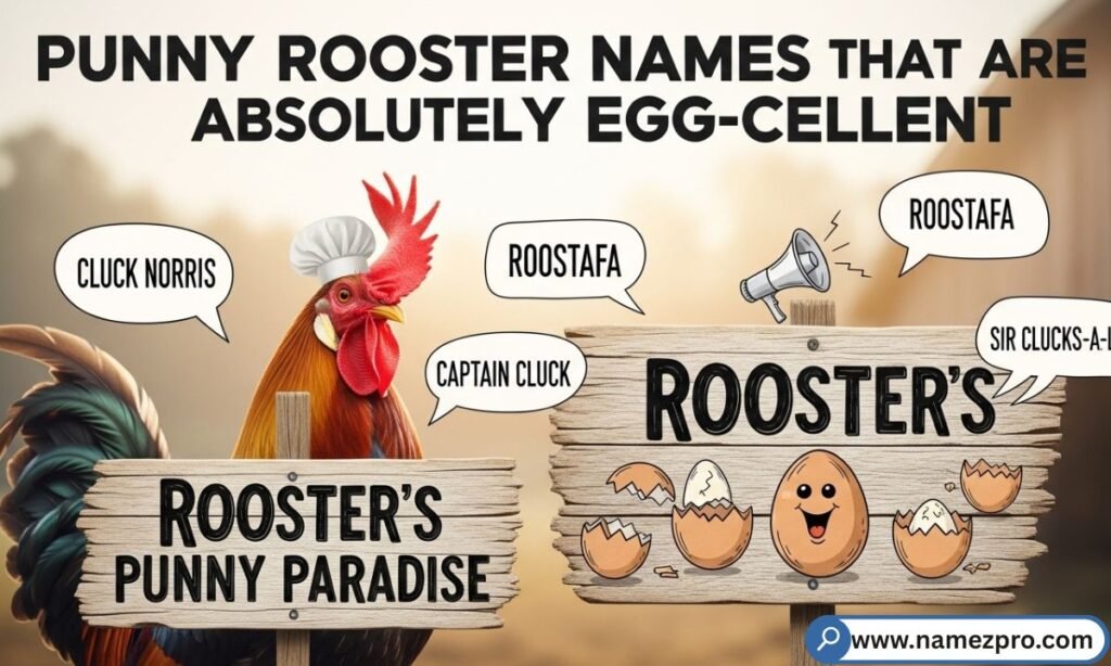 "A quirky rooster tilting his head curiously beside a basket of fresh eggs on a farm"