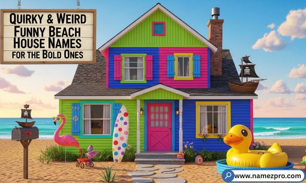 A bold and eccentric beach house exterior with unusual coastal décor and a quirky handmade wooden sign in 2026

