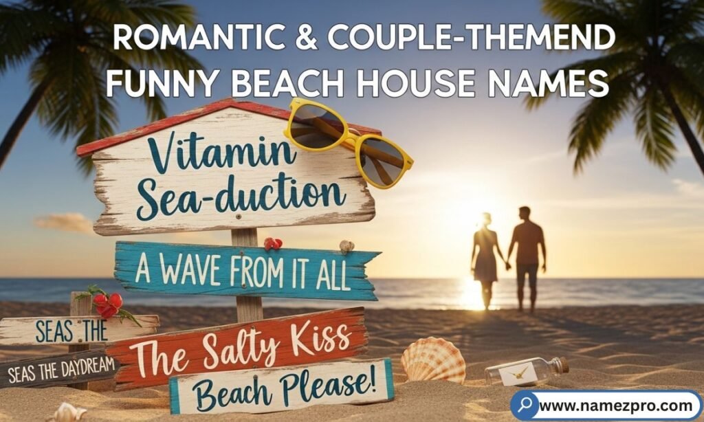 "Romantic and couple-themed funny beach house names on a charming coastal vacation rental sign at sunset in 2026"

