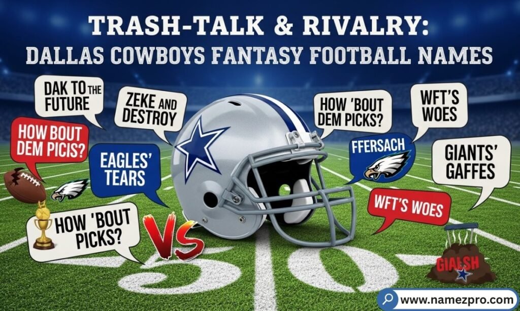 Trash-talk Dallas Cowboys fantasy football names 2026 — savage rivalry team names targeting Eagles, Giants and Washington fans.
