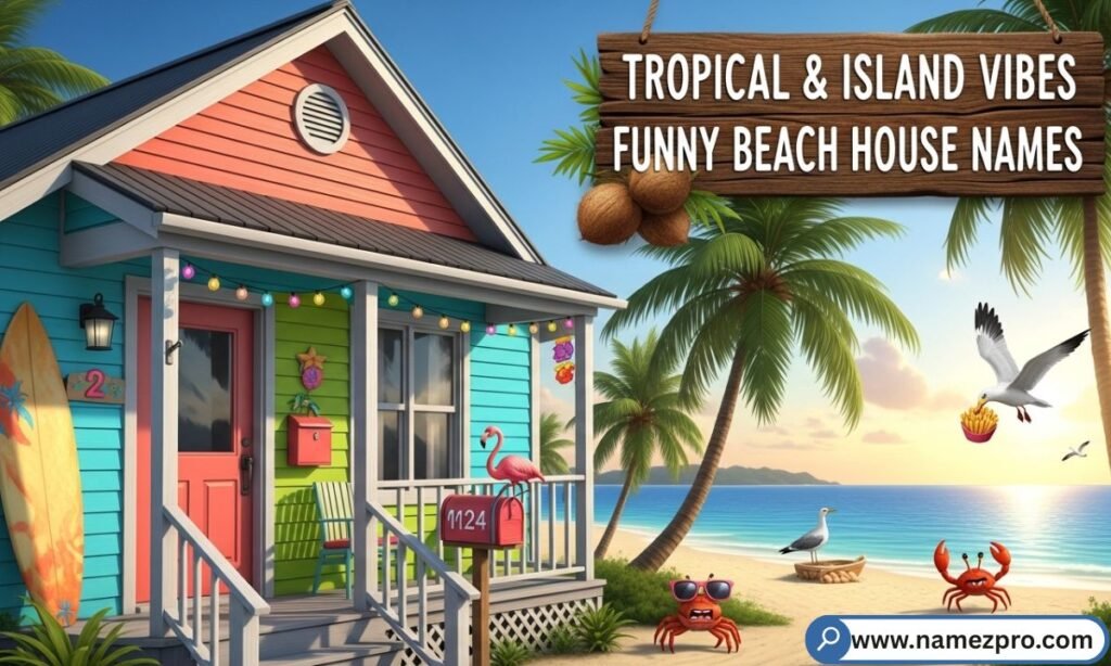 A colorful palm-lined beach house with a wooden welcome sign surrounded by tropical island scenery in 2026
