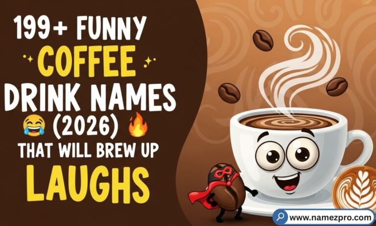 A steaming coffee cup surrounded by funny coffee drink names written on chalkboard signs in a cozy café setting.