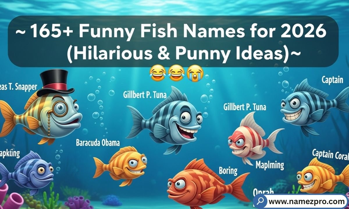 Colorful aquarium fish with funny name labels showing punny and hilarious funny fish names ideas for pet fish in 2026