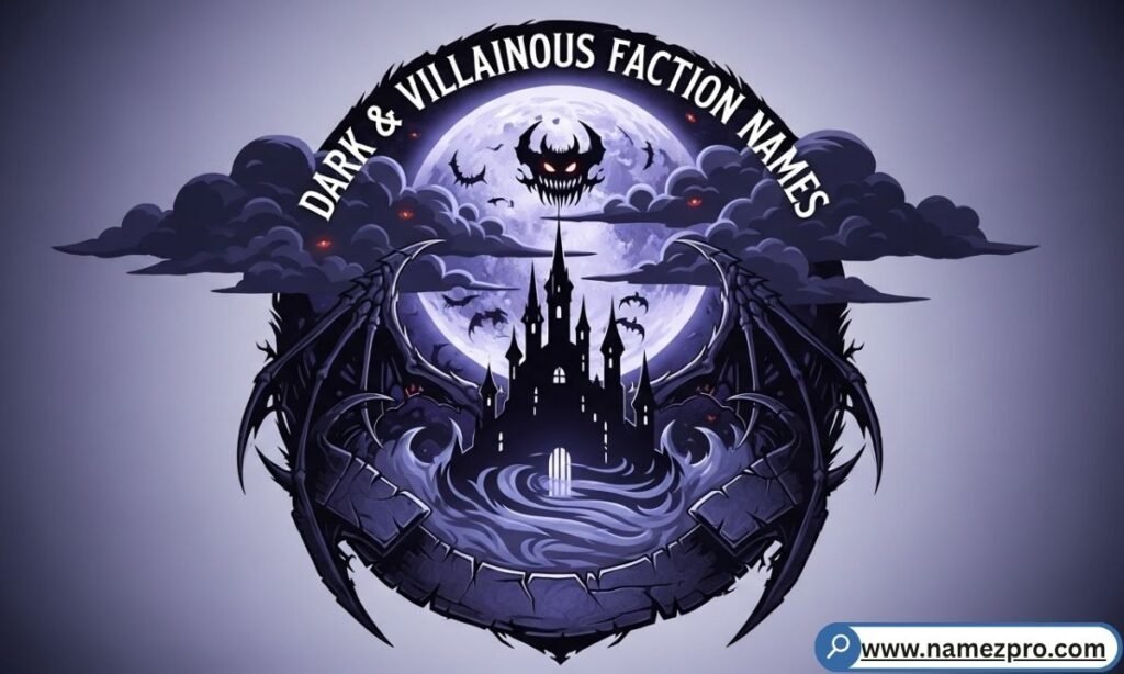 Dark villainous guild gathered under a blood moon in a fantasy world