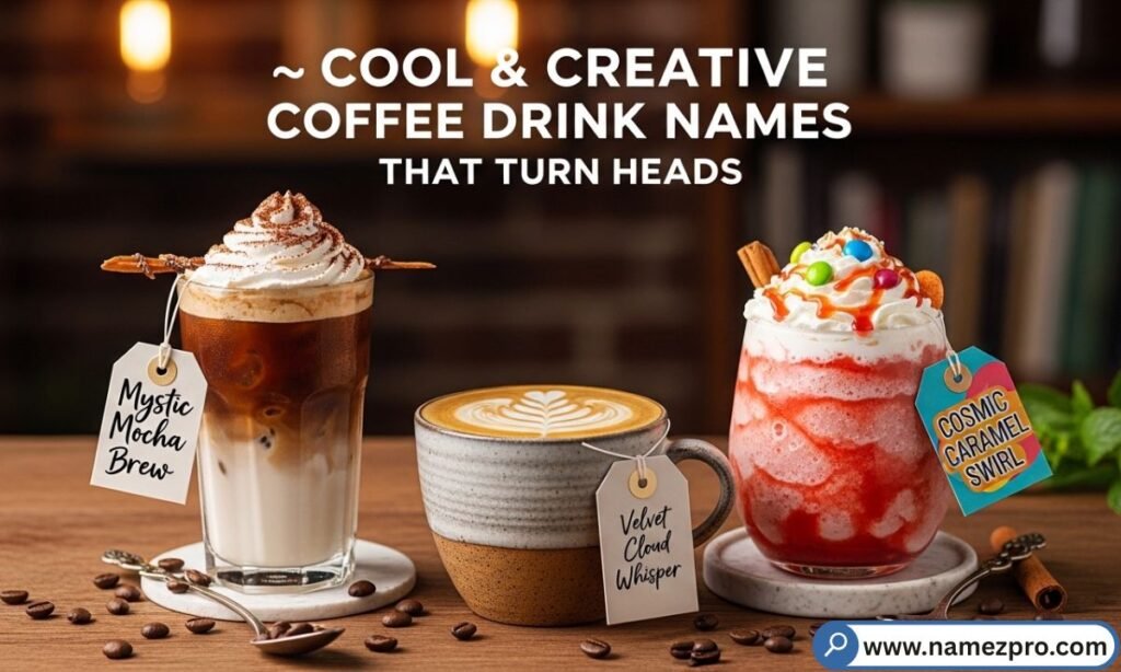 A stylish café chalkboard displaying creative drink names with artistic lettering and warm ambient lighting.