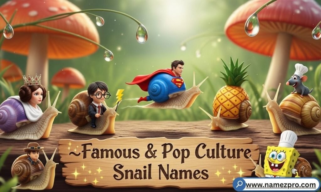Famous and pop culture snail names with cartoon snails inspired by movies, TV characters, and celebrity references