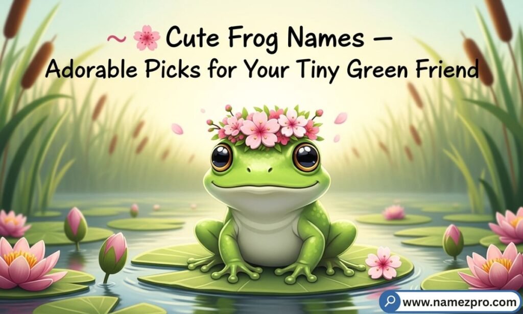 "Cute frog names 2026 — adorable cartoon frog sitting on a pink lily pad surrounded by flowers"
