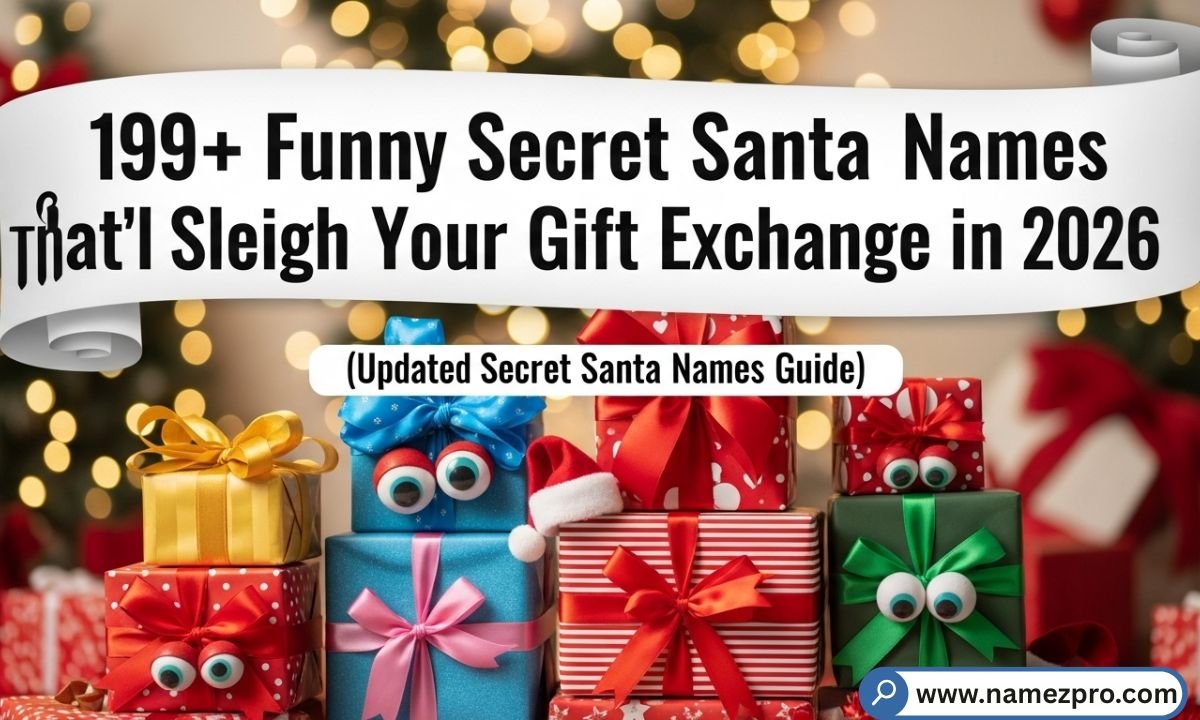 Funny Secret Santa Names list with colorful gift boxes and festive holiday decorations for 2026.