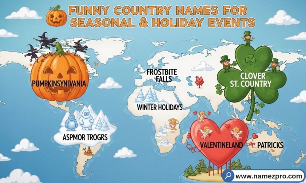 Funny country names for seasonal and holiday events — hilarious Halloween, Christmas and summer team name ideas 2026

