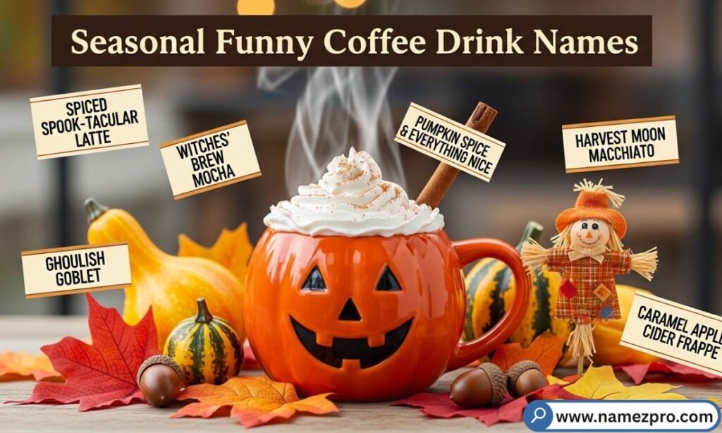 A festive café display with seasonal coffee cups and funny seasonal coffee drink names on a colorful holiday chalkboard menu.
