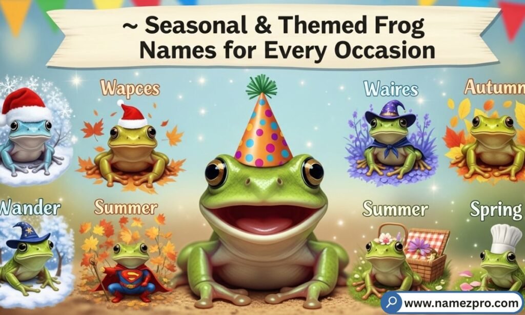 "Seasonal frog names 2026 — cartoon frog dressed in holiday costumes surrounded by Christmas, Halloween and Easter decorations"